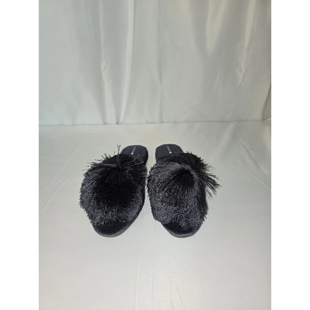 Birdies Songbird Pom Pom Steel Blue Gry Satin Slides Ballet Flats Mules Size 6.5